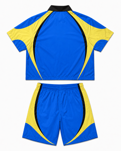 Ensemble de survêtement bleu et jaune, veste coupe-vent zippée et short à taille élastique, vêtements de sport, vêtements d'équipe, coupe-vent, OEM, faible MOQ, 10 pièces - Product Image 6