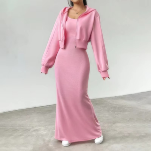 Robe longue à capuche zippée rose pour femme, ensemble deux pièces décontracté en coton et élasthanne à manches longues de couleur unie, style printemps - Product Image 5