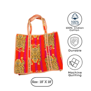 Jaipur Hand Block Printed Cotton Tote <b>Bag</b> With Quilted Design Eco Friendly Reusable Handbag For Office Travel Use Tiger Print - Product Image 3