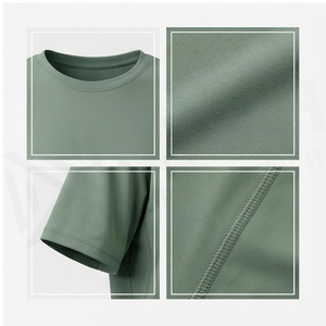 T-shirt à col rond vert uni à manches courtes 100% polyester respirant, vêtements de sport pour femmes, haut de yoga - Product Image 4
