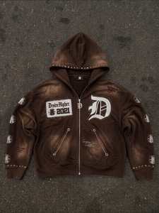 Sudadera con capucha retro desgastada con cremallera para hombre, estilo oversize, lavada, streetwear, diseño gráfico patchwork, venta al por mayor personalizada - Product Image 4