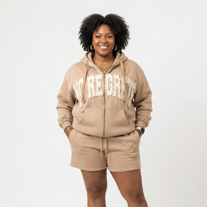 Women's Distress Embroidery Sweat Short Set Casual Winter Long Sleeve Drop Shoulder 100% Cotton Fleece Oversize Sweat Short Set - Product Image 1
