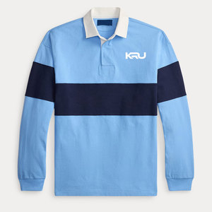 Camiseta de Rugby de Manga Larga para Hombre, Color Azul Marino Claro, con Bloques de Color, Logotipo Bordado, Cuello Camisero, Poliéster que Absorbe la Humedad, Corte Regular - Product Image 1