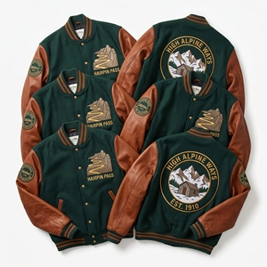Chaqueta Letterman al por mayor, abrigo universitario de lana azul marino, bordado Old Highway Guild, mangas de cuero marrón claro, estilo bomber. - Product Image 5