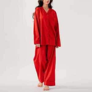Conjunto de pijamas de satén de seda para mujer, manga media, largo completo, color rojo liso, cuello vuelto, ropa de dormir clásica, primavera, verano, otoño, suave - Product Image 1