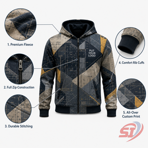 Sweat à capuche personnalisé de créateur, imprimé architectural moutarde et bleu marine, fermeture éclair intégrale, fabrication OEM, marque privée, vente en gros, fabricant de streetwear - Product Image 4