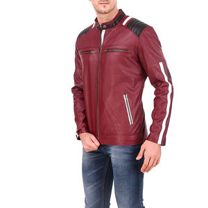 <b>Men's</b> PU <b>Leather</b> Moto <b>Jacket</b> Stand Collar Zipper Closure Red Autumn Style Regular Fit - Product Image 5