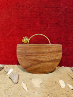 Pochette de luxe en bois naturel avec poignée florale en laiton, sac rigide semi-circulaire écologique pour soirée, mariage, par un créateur