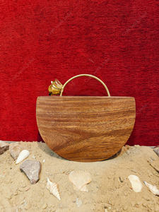 Luxury Wooden Clutch Handbag with Brass Floral Handle Designer Evening <b>Party</b> Wedding Semi Circle Hard Case <b>Bag</b> - Product Image 5