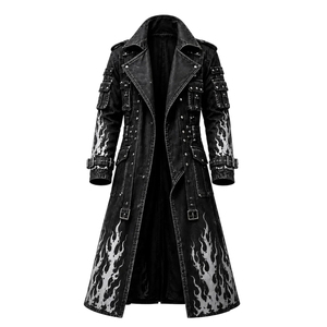 Abrigo Largo de Cuero Gótico para Hombre, Chaqueta de Motero con Estampado de Calavera y Llamas Plateadas, Disfraz Steampunk para Halloween, ¡Gran Oferta! - Product Image 1