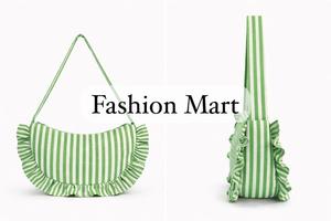 Fashion Striped Canvas Shoulder Bag for Women Ruffle Trim Tote Lightweight Casual Handbag - Product Image 6