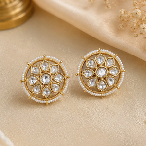 Pendientes de Perlas de Agua Dulce Chapados en Oro de Diseño JeweleMarket, con Cristales y Diamantes de Imitación, Elegantes, Tradicionales, Étnicos, Indios, para Mujer - Product Image 2