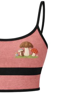 Dusty Pink Black Women Camisole And Shorts <b>Set</b> Summer Two Piece Outfit Cotton Blend Crop Top Mushroom Print Drawstring Shorts - Product Image 3