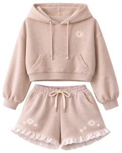 Ensemble crop top et short beige pour femme, broderie marguerite, ourlet à volants, tenue décontractée deux pièces en molleton de coton, fabricant en gros - Product Image 1