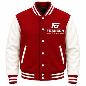 Veste de baseball varsity pour homme FRANSON GEAR, style streetwear, avec lettrage brodé, doublure en polyester, manches et devant rouge et blanc - Product Image 1