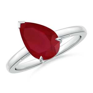 Anillo de compromiso solitario de oro macizo de 14K con rubí en forma de pera inclinada engastado con garras, hecho a mano, joyería fina personalizada para boda - Product Image 1