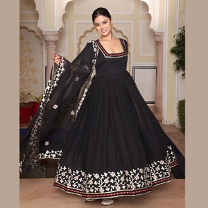 Nouvelle Robe Anarkali Rose Élégante pour Femme, Manches 3/4, en Crêpe de Georgette Semi-Couturée, Extensible et Séchage Rapide, Idéale pour Fêtes et Mariages - Product Image 1