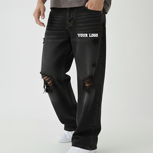 Pantalones vaqueros anchos negros vintage de alta calidad OEM/ODM para hombre, con logotipo bordado personalizado, rasgados, de tela gruesa. - Product Image 1