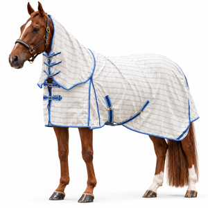 Couverture de cheval polyvalente détachable avec tissu Ripstop double diamant |   Boucles de cou réglables avec garniture bleue et sangle de sécurité - Product Image 1