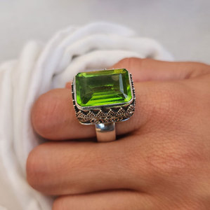 Handcrafted Brass Green Gemstone <b>Ring</b> Large Rectangular Emerald Cut <b>Statement</b> <b>Ring</b> Wholesale Jewelry for Women - Product Image 1