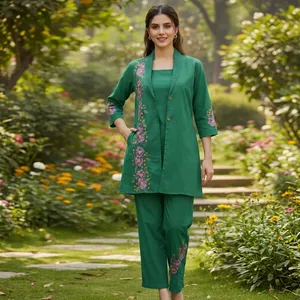 Women's <b>Green</b> Embroidered Cotton 3-Piece Set Three Quarter Sleeve Floral Pattern Jacket <b>Cami</b> Trouser Set All Seasons Wear - Product Image 3