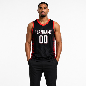 Maillot de basket-ball personnalisé pour homme, noir et rouge, col en V, sans manches, sublimé, respirant, vêtements de sport pour équipe adulte - Product Image 1