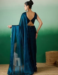 KV Indian Women Teal Stripes Saree - Product Image 2