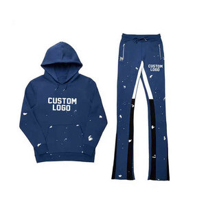 ชุดวอร์มผู้ชายแบบสั่งทำโลโก้ ชุดสองชิ้นผ้าหนา กางเกงขาบาน พิมพ์ลายพัฟฟ์ ชุดสเวตเตอร์โอเวอร์ไซส์ ชุดแทรคสูท สตรีทแวร์ - Product Image 1