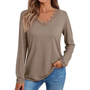 เสื้อยืดลำลองแขนยาวสำหรับผู้หญิงเสื้อลูกไม้คอวีทรงหลวมเหมาะสำหรับใส่ไปทำงาน2025 2025ฤดูใบไม้ร่วง - Product Image 3