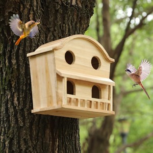 Handcrafted Acacia Wood Rectangle Birdhouse Set-Tabletop Installation Hand-Painted Botanical Design Wholesale - Product Image 2