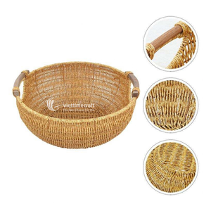 ชามหวายทรงกลมวินเทจพร้อมหูจับไม้คู่ ถาดเสิร์ฟแบบตาข่ายสานธรรมชาติรักษ์โลกสำหรับขนมปังและของว่าง - Product Image 4