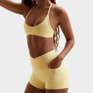 Women Seamless Yoga Set Solid Color V-neck <b>Racerback</b> Sports <b>Bra</b> High Waist Shorts Pockets Breathable Nylon Spandex 2-Piece - Product Image 1