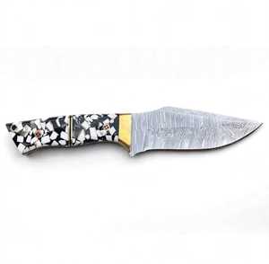 Iron Crown Forge Handcrafted Feather-Pattern Damascus Steel Fixed Blade Utility <b>Knife</b> with Mosaic Crushed <b>Bone</b> Resin <b>Handle</b> OEM - Product Image 1