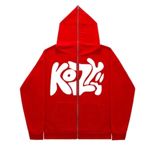 Custom Men's Red Full <b>Zip</b> <b>Hooded</b> Sweatshirt Wholesale Oversized for Graphic Fleece 350g Winter Hoodie - Product Image 1