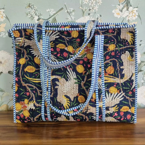 Sac fourre-tout matelassé en coton, motif imprimé à la main, réutilisable, lavable, écologique, poches intérieures/extérieures, style classique, personnalisable - Product Image 1