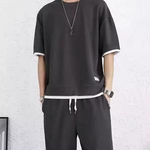 Mens Oversized Breathable Knitted T Shirt Shorts Set Dark Grey Minimal Design Casual Summer Two Piece Outfit Cotton <b>Blend</b> - Product Image 2