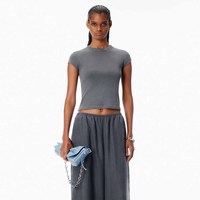 Kaos Crop Wanita Abu-abu Lengan Pendek Kerah Bulat Model Slim Fit Rajutan Katun Spandex Pakaian Kasual Musim Semi Musim Panas