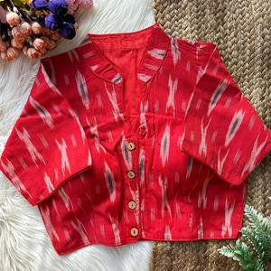 <b>Red</b> Ikkat Cotton Print Mandarin Collar Blouse Women's 100% Cotton Three Quarter Sleeve Casual Spring Summer <b>Top</b> - Product Image 1