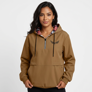 Chaqueta cortavientos marrón con capucha y cremallera de un cuarto para hombre, con forro a cuadros y logotipo bordado, estilo casual para otoño. - Product Image 6
