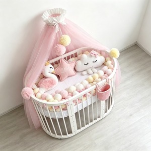 <b>Pink</b> Tulle Dome <b>Bed</b> <b>Canopy</b> With Pom Poms For Baby Crib Decor Circular Shape All Season Use - Product Image 5