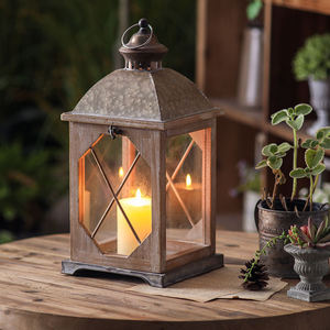 Farol Rectangular de Madera Vintage con Paneles de Vidrio, Portavelas Resistente para Decoración del Hogar y Jardín - Product Image 1
