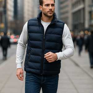 Chaleco Acolchado Azul Marino para Hombre, Cuello Alto, Cierre de Cremallera, Cortavientos, Ropa de Invierno Informal, Color Sólido, Corte Regular - Product Image 4