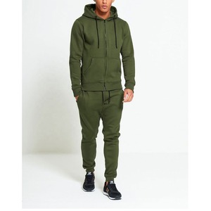 Men's Olive Green Hooded <b>Tracksuit</b> Set Full Length Drawstring Pants Solid Color Casual Autumn Wear Breathable Cotton Material - Product Image 5