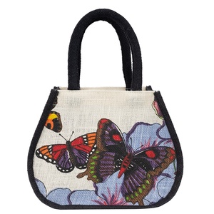 Bolsa de compras redonda de yute pequeña de alta calidad, bonita, con estampado de mariposas, fabricada en Bengala Occidental, India, a un precio barato - Product Image 3