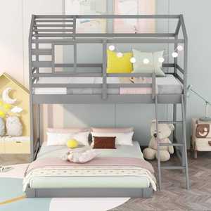 Eco-Friendly L-Shape Wooden Bunk Bed <b>Frame</b> with <b>Ladder</b> & Safety Guardrail – Twin/Full House Bed for Home & Hotel - Product Image 3