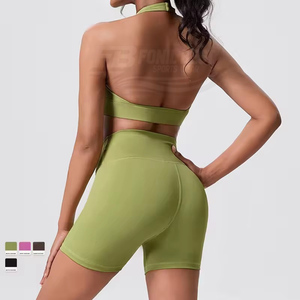 Ensemble de yoga et fitness respirant et sans coutures pour femme : Soutien-gorge corset dos nu et legging taille haute de couleur unie (2 pièces) - Product Image 4