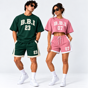 Conjuntos de camiseta y pantalones cortos personalizados para parejas, camiseta oversize color crema para hombre, pantalones cortos, camiseta corta color rosa marino para mujer, pantalones cortos deportivos, conjunto deportivo estilo streetwear. - Product Image 3