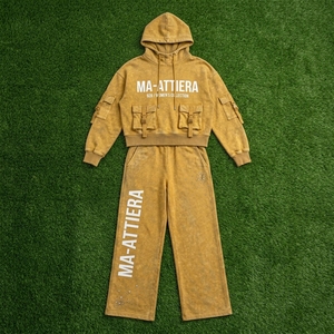 Conjunto de chándal informal de dos piezas para mujer: sudadera con capucha amarilla lavada con bolsillos cargo y pantalones de chándal de pierna ancha - Product Image 5