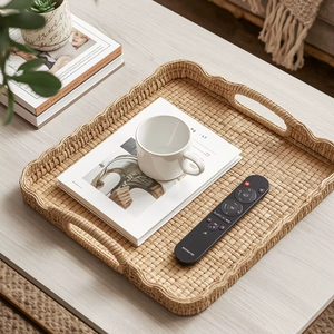 Hot Sale Rectangular Rattan Wooden Serving Tray Decorative Marble Material with Handle for Kitchen Storage Food Parties Supplies - Product Image 1