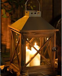 Rustic <b>Square</b> Wooden Candle Lantern Distressed Solid Wood <b>Glass</b> Pane Metal Top for Wedding Christmas Home Decor - Product Image 2
